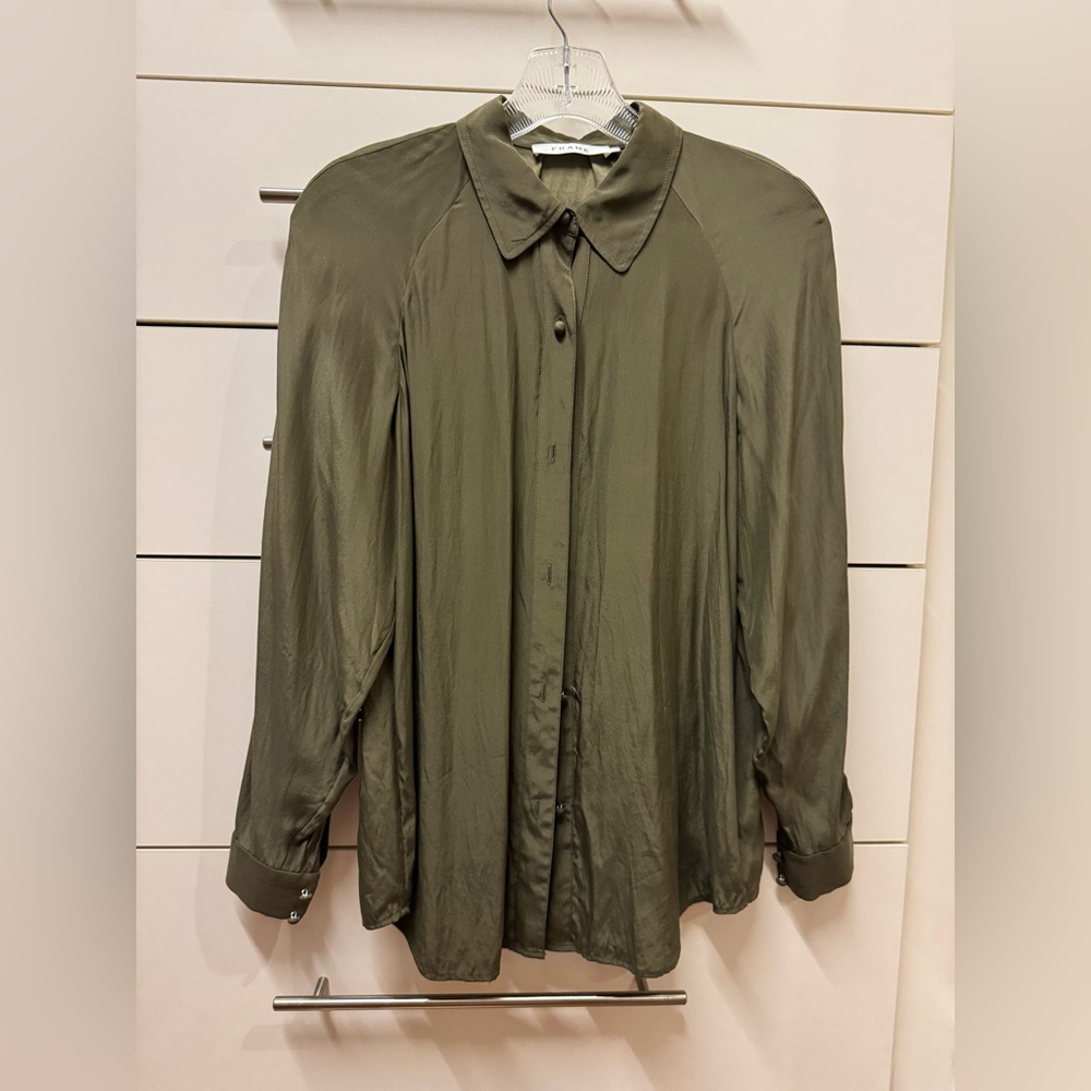 FRAME 100% silk blouse with bell sleeves with a slit, olive, size XS - Picture 9 of 17